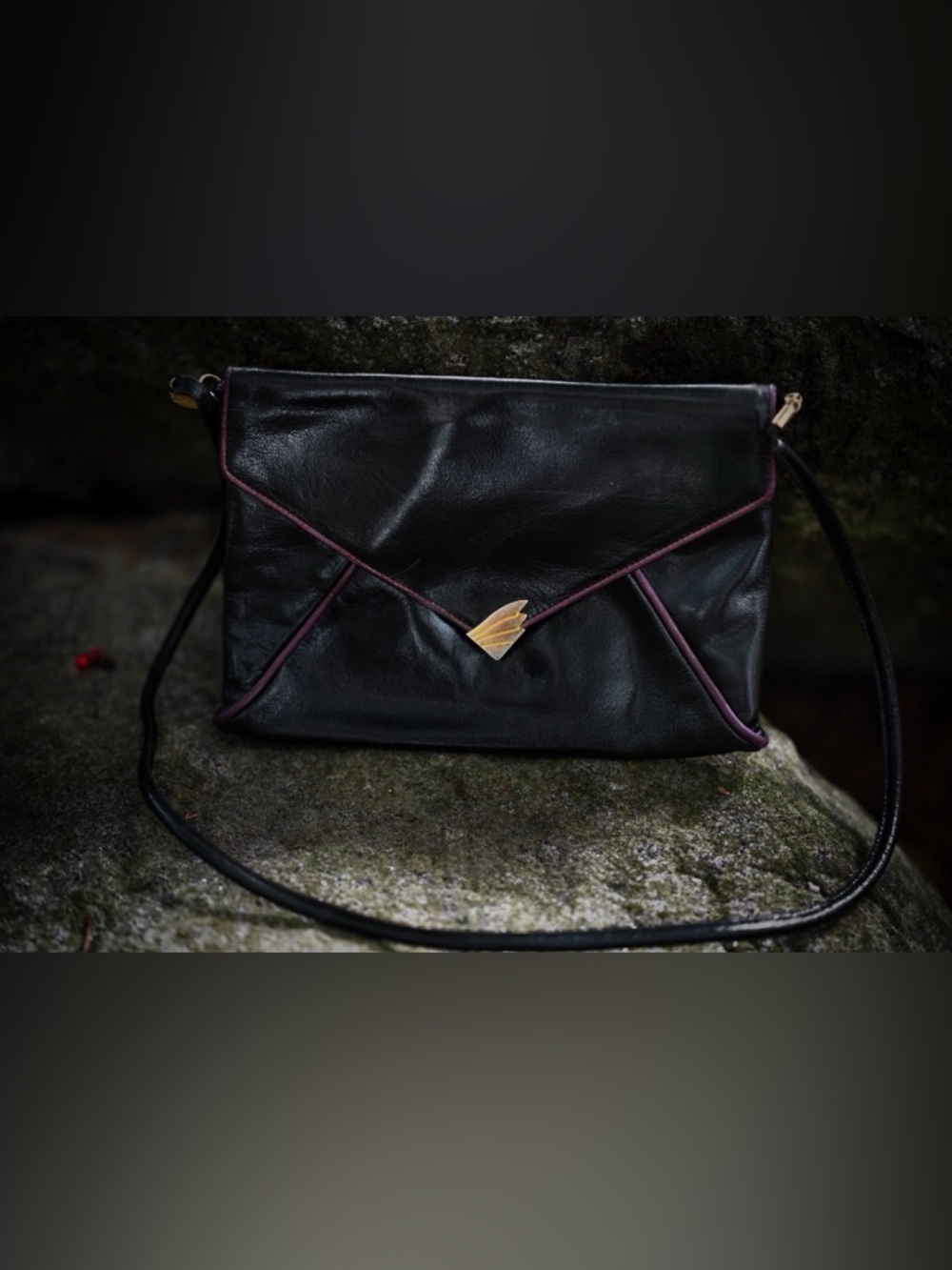 1969 Salvatore Ferragamo Black Leather Envelope Bag - Burgundy Piping